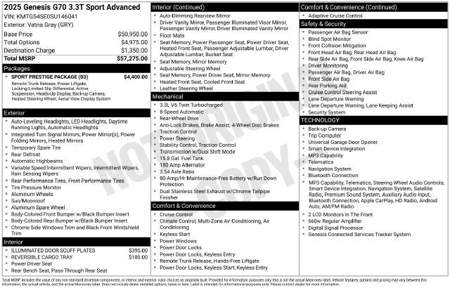2025 Genesis G70 3.3T Sport Advanced Sport Prestige Package